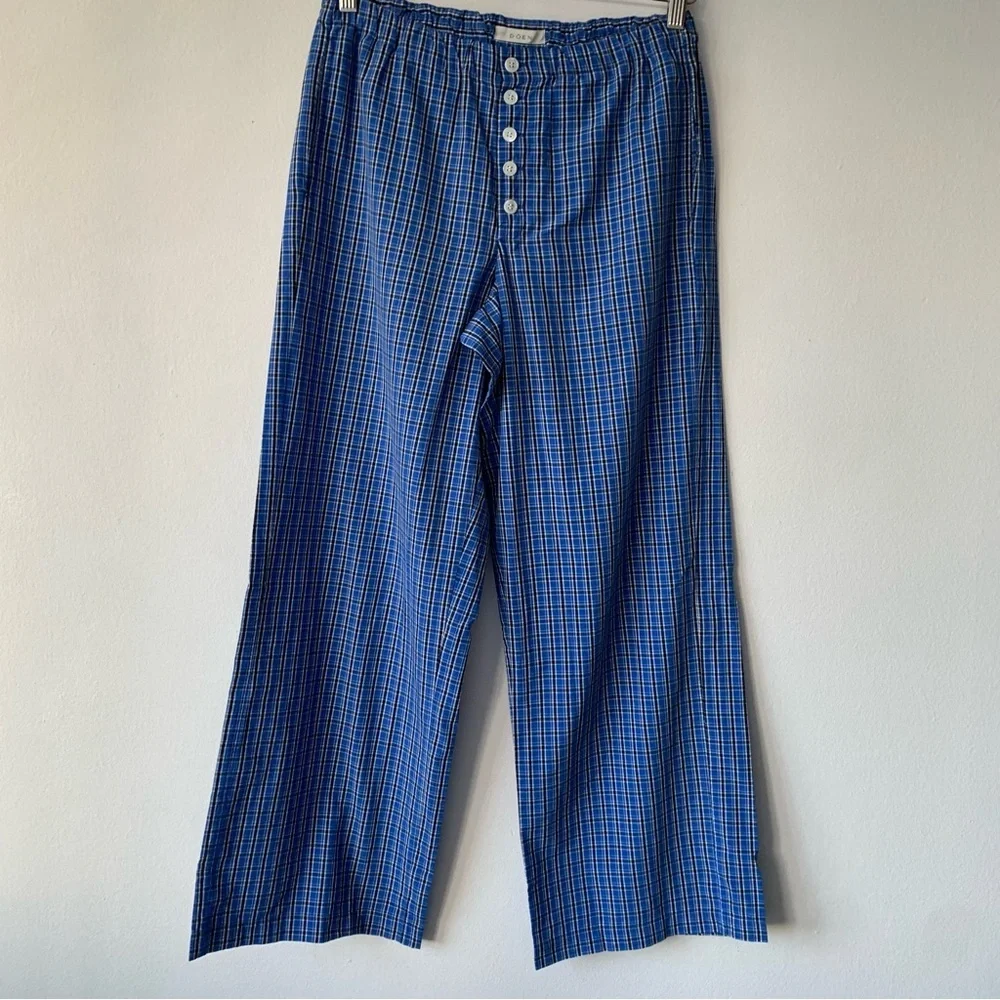 Doen Morgan Cotton Poplin Plaid Drawstring Pull On Baggy Pants Cassis Check Blue - Picture 6 of 13